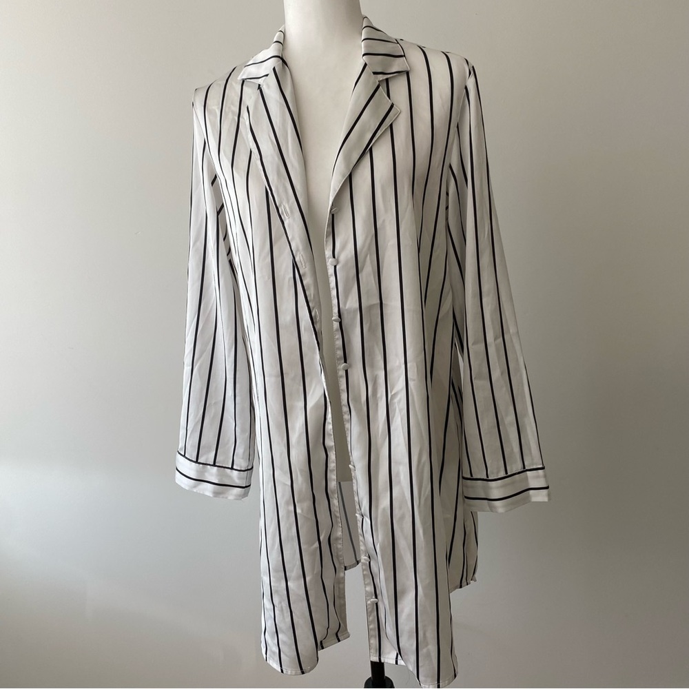 La Vie En Rose Black and White Vertical Stripe Satin Shirt - Picture 6 of 10